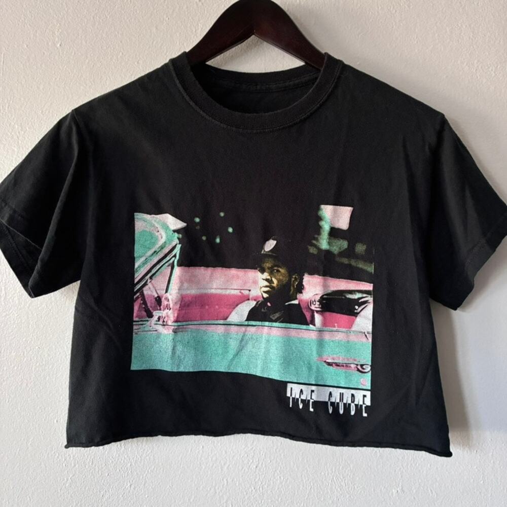 Ice Cube Crop Top Womens Small Black Graphic Rap Hip Hop Band Tee Retro